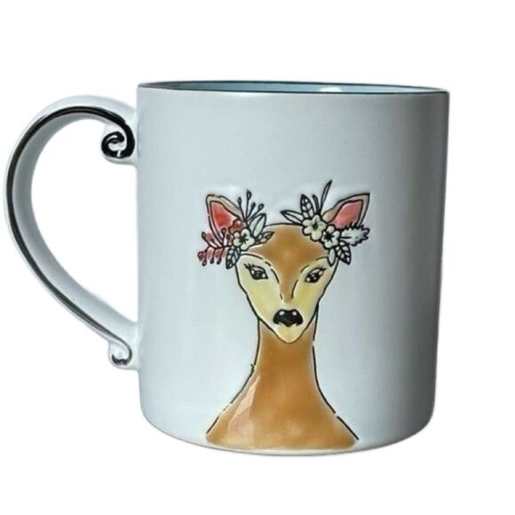 3/$20 Embossed White Ceramic 18 oz Coffee Mug with Doe & Floral Decoration - Picture 1 of 12